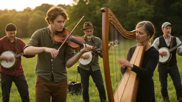 A folk music ensemble plays outdoors at sunset with a fiddle harp and banjos