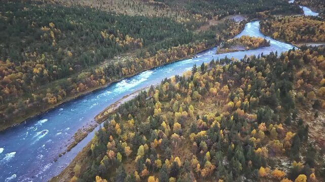 Jotunheimen National Park Aerial &ndash; Autumn Forest and Mountain River