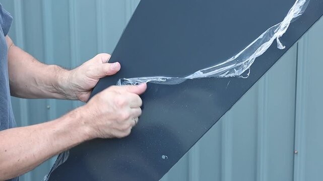 The hands of a mature Caucasian man remove a thin film from a triangular part of a profile shed.