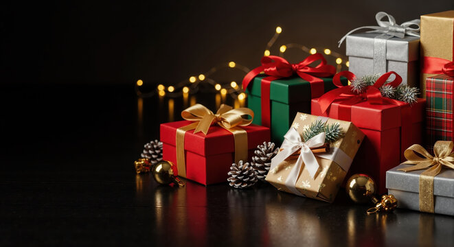 Christmas gift boxes with ribbons and bows on black background. Festive holiday presents with bokeh lights. Copy space for text - Powered by Adobe