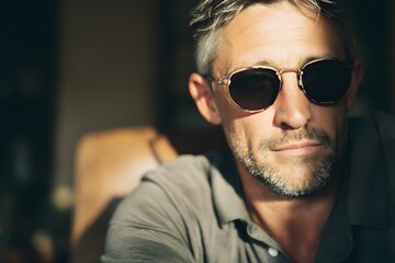 Obraz premium Man with silver hair and sunglasses posing in sunlight