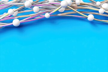 An abstract 3D rendering featuring white spheres connected by colorful wires, set against a vibrant blue background.