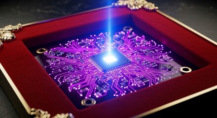 Microchip inside ornamental frame showcasing technology advancement era