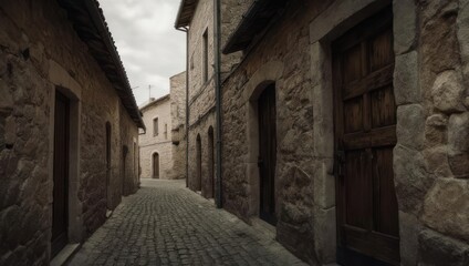 A narrow cobblestone street between aged stone buildings under an overcast sky