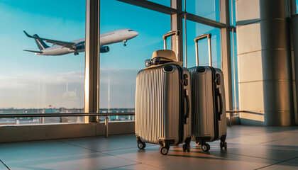 Two modern suitcases stand by an airport window with a view of a plane outside. A straw hat and sunglasses rest on the luggage, capturing a bright, calm moment before travel.