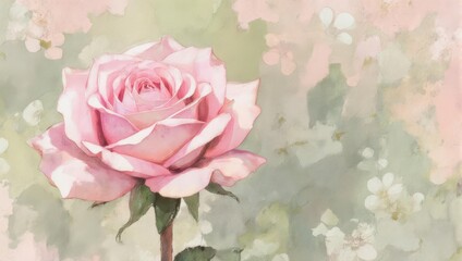 A detailed watercolor painting showcases a pink rose against a soft, blurred floral backdrop