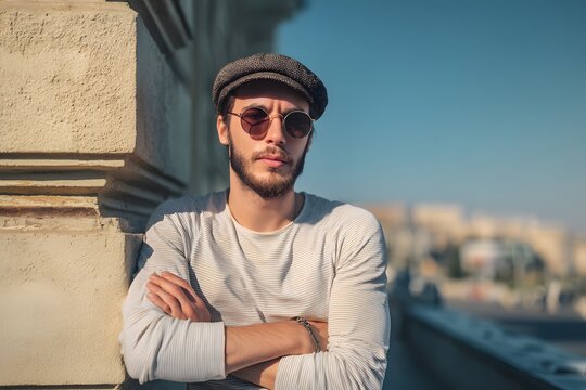 Thoughtful man with newsboy cap poses confidently on sunny day