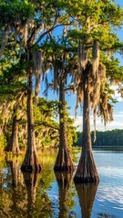 Tall trees with draped moss stand tall over tranquil water, reflecting light