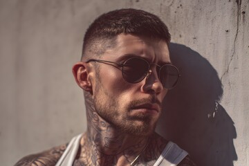 Fototapeta premium Tattooed man with sunglasses stands near concrete wall in natural light with shadow