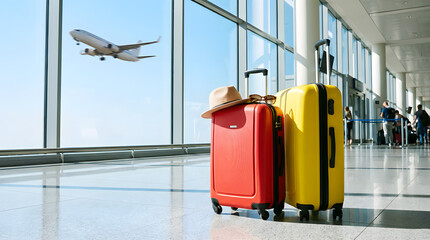 Two modern suitcases stand by an airport window with a view of a plane outside. A straw hat and sunglasses rest on the luggage, capturing a bright, calm moment before travel.