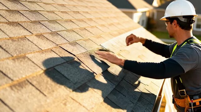 Medium shot of a worker carefully aligning asphalt shingles on a residential roof under bright sunlight for weather protection.