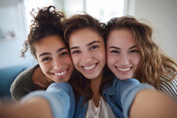 Fototapeta premium Group of cheerful young women pose for a selfie together indoors