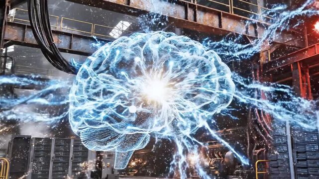 A glowing, blue brain hologram in an industrial setting, with sparks and cables