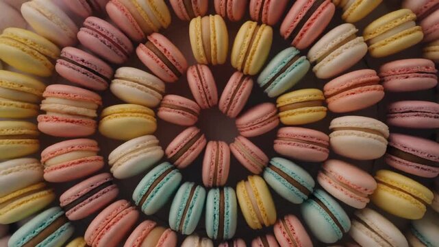 Overhead shot of colorful macarons arranged in a perfect spiral pattern