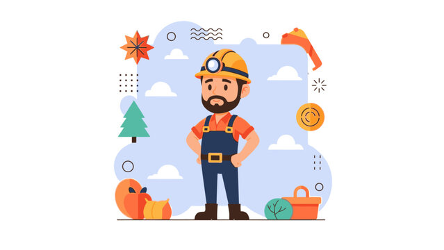 An illustrated miner with a beard, wearing work clothes, and various related elements.