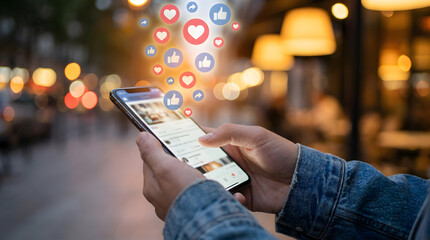 A person scrolls through social media on a smartphone while heart and like icons float above the screen, symbolizing online interaction and engagement in a lively city setting.