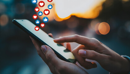 A person scrolls through social media on a smartphone while heart and like icons float above the screen, symbolizing online interaction and engagement in a lively city setting.