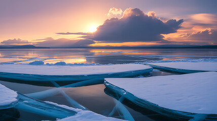 Frozen lake surface with cracked ice and snow reflecting a soft sunset sky graphic