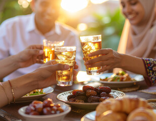 Gathering and Toast: A heartwarming image of a diverse group sharing a meal and drinks outdoors, captured in natural light, evoking a sense of togetherness and celebration, Generative AI.