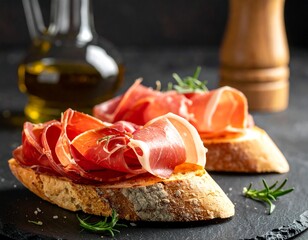 Tapas of cured ham on toasted bread