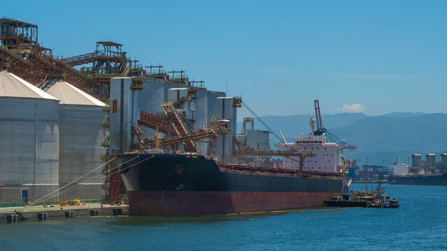 Large bulk carrier ship docked at a major port terminal, being loaded with grain from massive industrial silos and conveyors