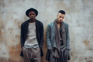 Two men posing in front of a textured wall wearing stylish clothing