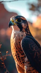 A majestic peregrine falcon perches on a branch, its sharp gaze focused ahead, set against a blurred autumnal background.
