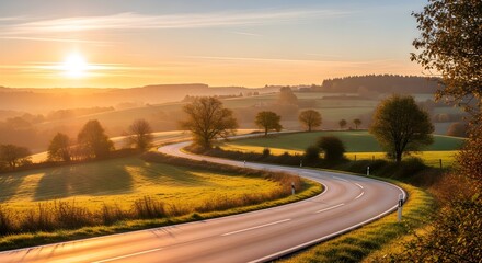 Fototapeta premium Curved road glowing in twilight, cinematic warm realism with trees and rolling hills