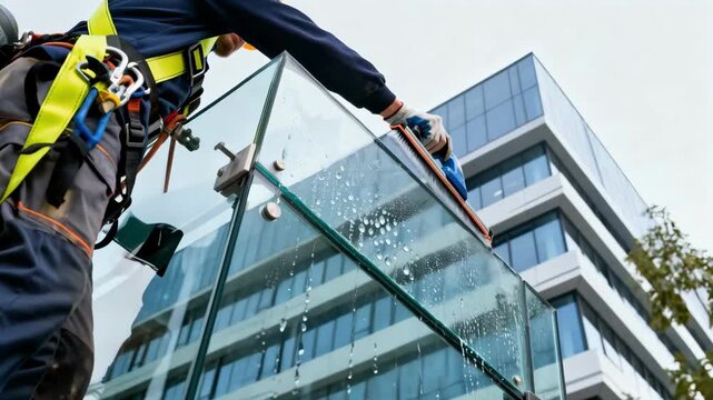 Closeup of professional securing hydrophobic glass installation on highrise commercial structure with modern architectural design.