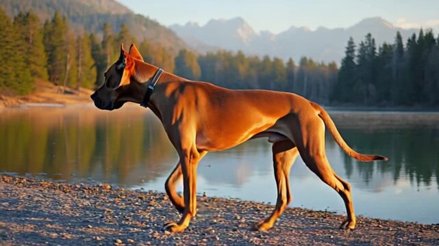 Great dane standing on a rocky shore near a lake with mountains and trees in the background view dog video