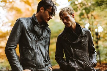 Two fashionable men in leather jackets are posing outside in an autumnal setting