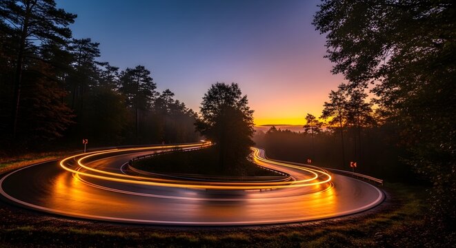 Dynamic long exposure captures light trails curving along a peaceful forest road at twilight, showcasing the serene beauty of a countryside journey under a vibrant sky