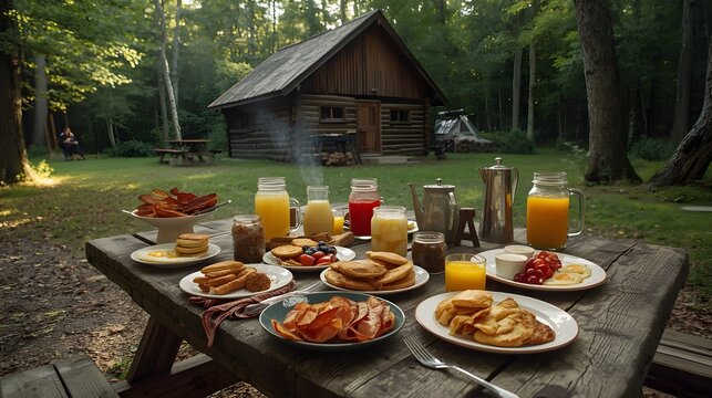A bountiful woodland breakfast spread, featuring a variety of delicious foods and beverages, set against a rustic cabin backdrop