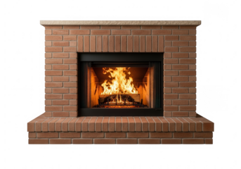 Classic red brick fireplace with a roaring fire and glowing logs, perfect for home interior.
