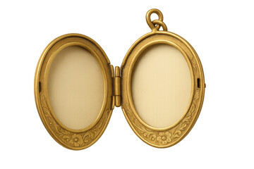Open antique gold locket displaying empty oval frames, perfect for personalized memories and keepsakes, transparent background