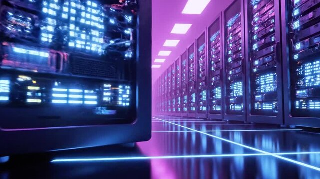 Servers in a data center, glowing neon lights and racks. Cool blue and purple hues