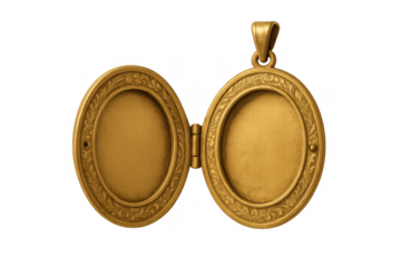 Open gold locket pendant with ornamental vintage design, ready for memories, empty keepsake jewelry on transparent background