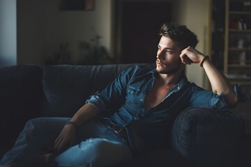Obraz premium Pensive man contemplates the future while reclining on a sofa in a dimly lit living room