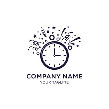 Celebration clock logo with exploding confetti and stars.