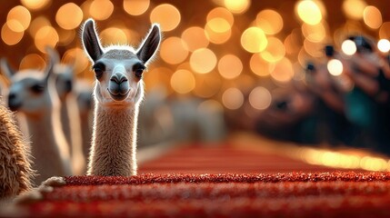 Fototapeta premium A close-up of a llama looking directly at the camera, set against a blurred background of warm bokeh lights. The llama is the central focus, with a festive and
