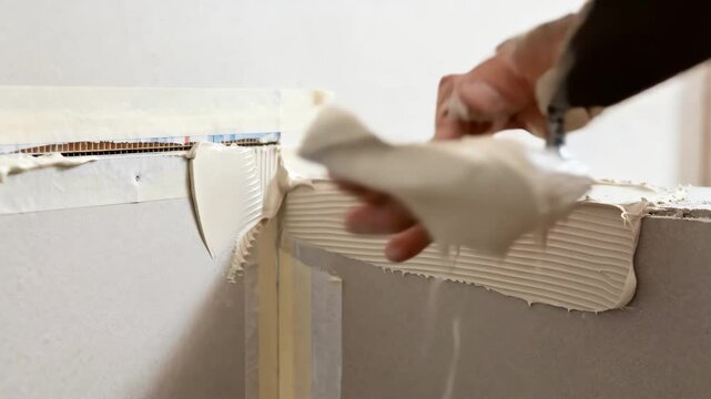 Closeup medium shot of hand smoothing quickset mud over taped drywall corners for fast durable finish.