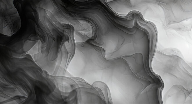 Dramatic monochrome background featuring abstract swirling patterns, creating dynamic, flowing formations reminiscent of smoke or ethereal clouds.