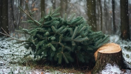 A freshly cut evergreen tree lies near a tree stump, snow falling in a winter forest