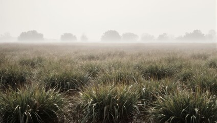 A misty, golden field of long grasses stretches into the distance, with blurred trees in the background