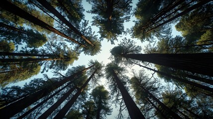 Looking up through tall redwood trees towards a bright blue sky on a clear sunny day