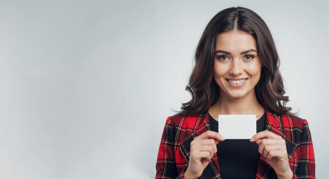 Smiling young businesswoman holding a blank white card. Professional female showing an empty placeholder for text or logo. Isolated on a gray background with copy space