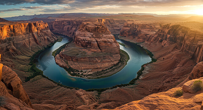 Majestic Horseshoe Bend captured at sunset, revealing the canyon's natural beauty and landscape with a breathtaking view - Powered by Adobe