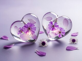 Fototapeta premium Two crystal heart shapes with purple flowers and petals on a soft purple background