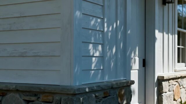 Medium shot capturing a whitewashed wooden exterior complemented by soft stone details creating a light airy rustic farmhouse aesthetic.