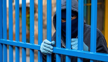 Thief behind blue gate.
